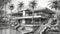 Noir Comic Style Pencil Sketch Of Exotic Beach House