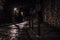 Noir style and deserted cobblestone street in a city at night