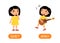 NOISY and QUIET Illustration of opposites. Little asian girl splaying guitar and the girl is silent.