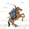 Nomad mongol man riding brown horse in steppe holding sword attacking. Central Asian warrior horseman, ready to attack
