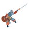 Nomad mongol man in steppe holding sword attacking. Central Asian warrior, attack in battle. Isolated vector