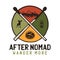 After Nomad wander more logo, retro camping adventure emblem design with mountains and tree. Unusual vintage art retro