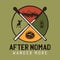 After Nomad wander more logo, retro camping adventure emblem design with mountains and tree. Unusual vintage art retro