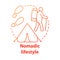 Nomadic lifestyle red concept icon. Moving from place to place idea thin line illustration. Human migration, living with