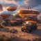 A nomadic office on a fleet of colorful, airship-like vehicles, traveling together from one location to another1