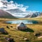 Nomadic Tents (Yurt) at the Song Kol Lake, Kyrgyzstan. Generative AI