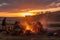 nomadic tribe cooking over open fire, with view of the sunset