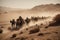 nomadic tribe moving with their herd of horses in the desert