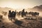 nomadic tribe moving with their herd of horses in the desert