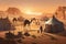 nomadic tribe setting up camp in desert, with tents and animals