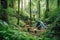 nomadic tribe setting up camp in lush green forest