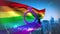 Non binary text and gender symbol on rainbow flag and cityscape background