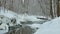 Non-freezing river with snowy banks in the winter forest. Snowfall.