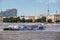 Non-self-propelled diving support ship on the Neva river in St. Petersburg