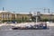 Non-self-propelled diving support ship on the Neva river in St. Petersburg