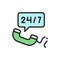 Non stop service, 24 7 help number flat color line icon.
