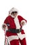 A nonagenarian in a Santa Claus costume sitting on a walker with a white background.