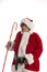 A nonagenarian in a Santa Claus costume with a white background