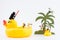 Nonthabure, Thailand - May, 17, 2017 : Lego sailor passenger yellow rubber duck using binoculars looking Lego stormtrooper on