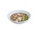 Noodle meat ball and pig piece in bowl on table with broth intense. top view isolated over white background and clipping path