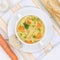 Noodle soup in bowl with baguette and noodles healthy eating