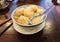 Noodle soup with dimsum in Hong Kong cafe