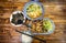 Noodles, kelp soup and sliced pork fried with vegetables