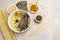 Noodles with seaweed, tuna flakes and sesame seeds