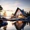 Nordic architecture - sunset over the lake