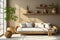 Nordic Elegance Scandinavian Home Interior Design in a Modern Living Room with a Rustic Wooden Sofa, White Pillows, Potted Green