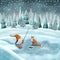 Nordic gnome and red fox fishing Winter watercolor illustration Scandinavian gnome on snowy landscape Fantasy winter forest