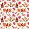Nordic gnomes with autumn leaves seamless pattern. Watercolor red, yellow leaf fall repeated background