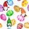 Nordic gnomes, decorated Easter eggs. Watercolor seamless pattern for christian holiday in bold hues