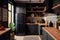 nordic-inspired kitchen with sleek black appliances, natural wood countertops and boho ceramic details