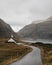 Nordic landscape with a church, Saksun, Faroe Islands. Gloomy Scandinavian landscape