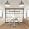 Nordic manager room with hanging lamp and window, white wall and wood floor. 3d rendering