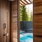 A Nordic spa bathroom with a cedar sauna, cold plunge pool, and heated towel racks1, Generative AI