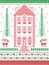 Nordic style and inspired by Scandinavian Christmas pattern illustration in cross stitch with gingerbread house, reindeer