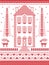 Nordic style and inspired by Scandinavian Christmas pattern illustration in cross stitch in red and white with gingerbread house