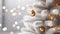 Nordic Winter Elegance: Hyperrealist Close-Up of White Christmas Tree with Sparkle Lights on Clean Background.