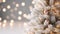 Nordic Winter Elegance: Hyperrealist Close-Up of White Christmas Tree with Sparkle Lights on Clean Background.