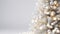 Nordic Winter Elegance: Hyperrealist Close-Up of White Christmas Tree with Sparkle Lights on Clean Background.