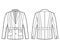 Norfolk jacket technical fashion illustration with belt, oversized, long sleeves, notched collar, button opening. Flat