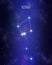 Norma the ruler or carpenter`s edge constellation map on a starry space background. Stars relative sizes and color shades based o