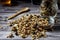 Normal view of granola on a wooden table with a spoon. Healthy and natural eating concept