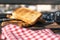 Normal view of a table with toasts, a pot with fresh aranadanos. Healthy food concept