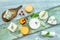 Normandy camembert with other french cheeses on wooden background