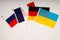 Normandy four meeting. Normandy format summit. Flags of Ukraine, Russia, Germany, France on white background. War in Donbas.