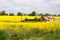 Normandy / France: An old traditional farmhouse in the middle of blooming rapeseed fields in the French countryside during spring