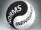 Norms and individuality in balance - pictured as words Norms, individuality and yin yang symbol, to show harmony between Norms and